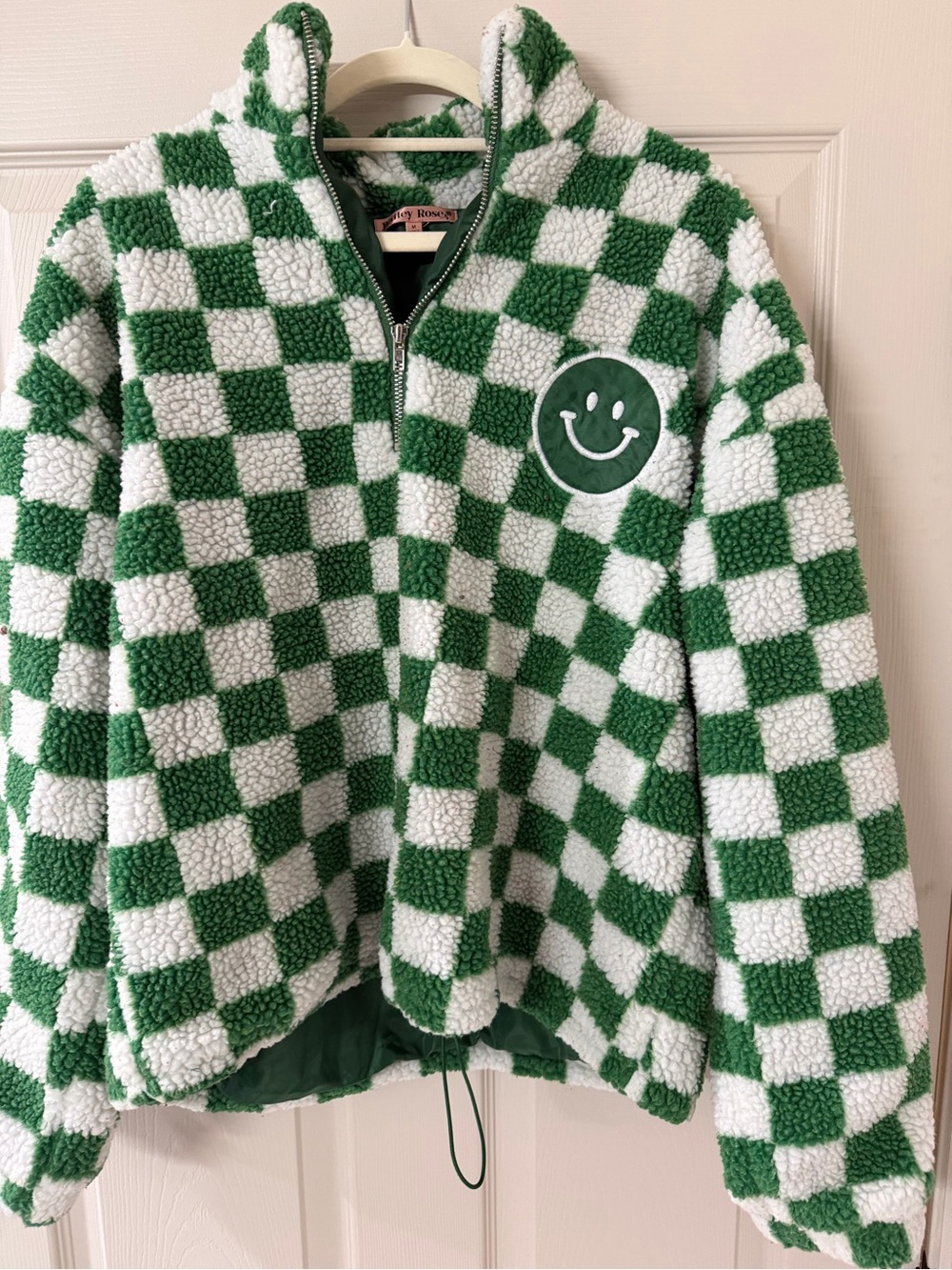 Cozy Green & White Checkered Sherpa Quarter-Zip Jacket